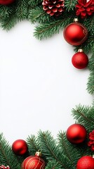 A festive border of red ornaments and pine branches for holiday decoration.