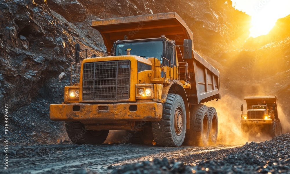 Poster two large dump trucks navigate a quarry filled with gravel and dirt while the sun sets in the backgr