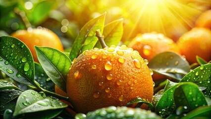 Sun-drenched Citrus Fruit Glistens with Morning Dew, Nestled Among Lush Green Foliage
