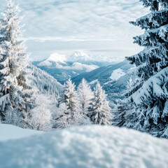 Fototapeta premium serene winter landscape with snow covered trees and distant mountains under cloudy sky, evoking tranquility
