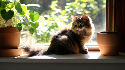 Cute Kurilian Bobtail Cat Sitting on a Sunny Windowsill in a Cozy Indoor Environment