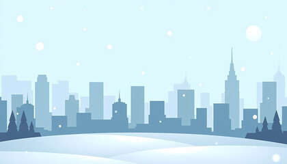 Fototapeta premium Minimalistic winter cityscape in blue tones with snowy foreground and falling snow