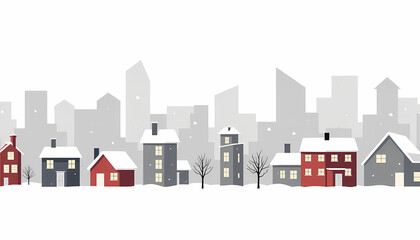 Minimalist winter cityscape with snow-covered houses in red and gray against urban skyline with copy space