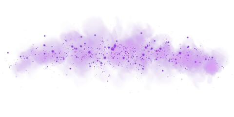 Fantastic purple smoke background. Magic purple smoke with glitter and small particles of twinkling stars. Fog with luminous particles. Purple vapor with stardust. Morning fog over land or water surfa