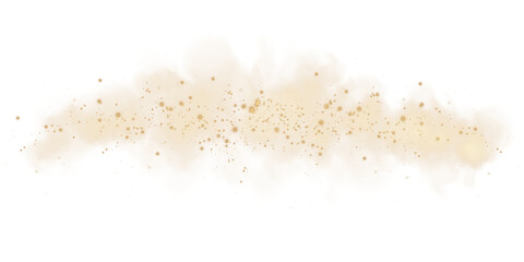 Fantastic golden smoke background. Magic golden smoke with glitter and small particles of twinkling stars. Fog with luminous particles. Yellow vapor with stardust. Morning fog over land or water surfa