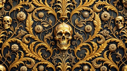 A Gilded Skull Embellished with Intricate Floral Patterns in a Tapestry of Gold and Shadows