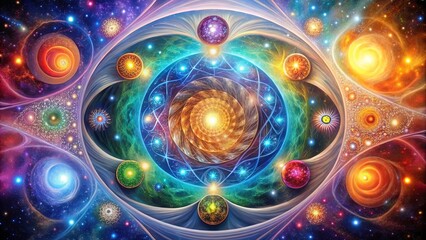 A Cosmic Symphony of Vibrant Celestial Bodies and Glowing Nebulae Intertwined in a Dance of Light and Energy