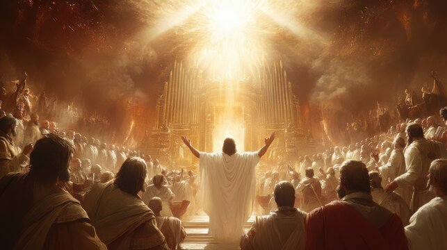 scene of the elders worshiping the Lamb in the throne room of heaven, as described in the Book of Revelation, a powerful symbol of worship and salvation,