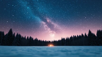 Naklejka premium Campers gazing up in awe at the captivating starry night sky surrounded by a glowing campfire and a blanket of snow in the tranquil wilderness
