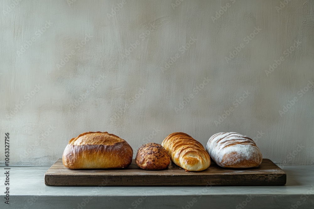 Poster An array of assorted freshly baked breads and pastries rests on a rustic wooden board, showcasing their golden crusts and textures. Generative AI