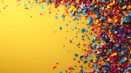 Yellow background with scattered colored confetti