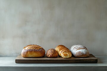 An array of assorted freshly baked breads and pastries rests on a rustic wooden board, showcasing...