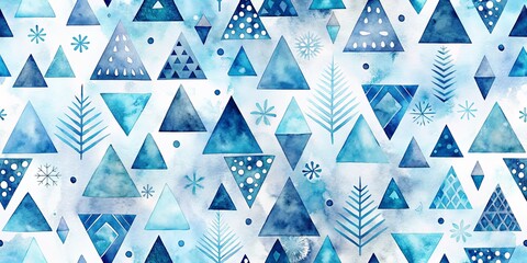 Fototapeta premium Abstract Watercolor Pattern of Geometric Shapes and Winter Motifs in Shades of Blue