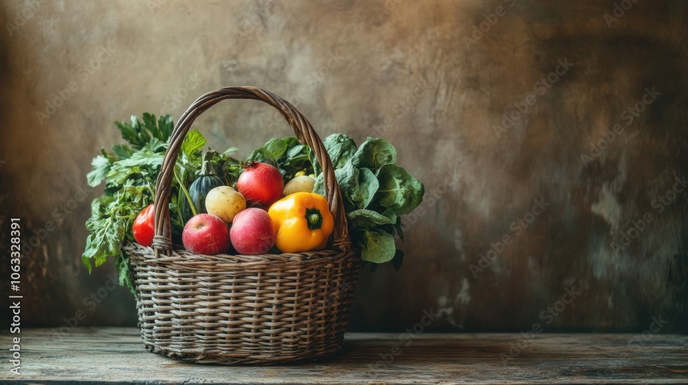 Poster A wicker basket brimming with colorful fruits and vegetables rests on a rustic wooden table in an inviting kitchen atmosphere. Generative AI