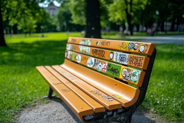 A vandalized park bench covered in graffiti and stickers, set against a peaceful public park, showing the contrast between nature and urban decay