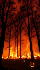 Eerie Forest Fire Scene with Halloween Jack-o'-Lanterns and Dark Silhouetted Trees Against Fiery Orange Sky