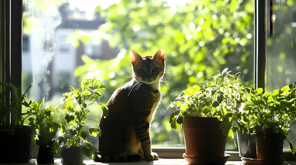 Graceful Abyssinian Cat Sitting on a Sunlit Windowsill Surrounded by Lush Greenery