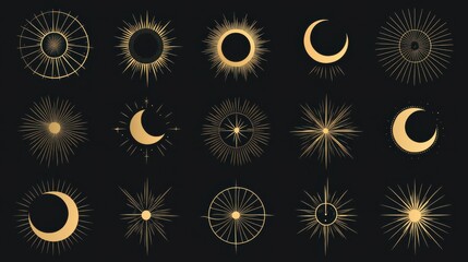 set of linear boho moon, sunset and light rays. Hand drawn sunburst, golden outline sun line art icons in minimal bohemian style. Mystic magic esoteric symbols, celestial logo design elements.