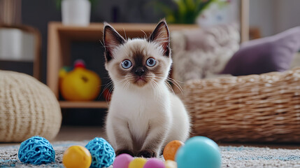 An Adorably Playful Munchkin Cat Surrounded by Colorful Toys in a Cozy Living Room Setting