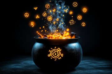 A witchâ€™s cauldron simmering with glowing, magical ingredients, with enchanted steam and mystical symbols floating above