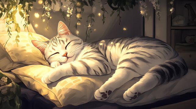 A Sweet Dream: The Peaceful Slumber of an American Shorthair Cat on a Soft Pillow in a Cozy Bedroom