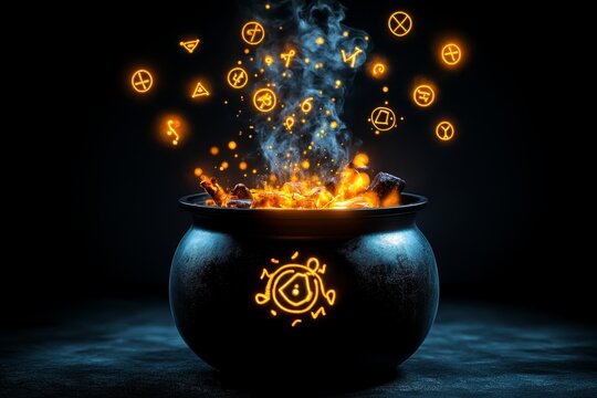 A witchâ€™s cauldron simmering with glowing, magical ingredients, with enchanted steam and mystical symbols floating above