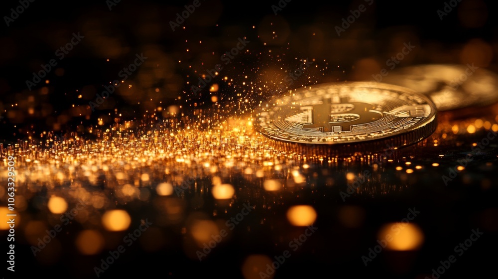 Aufkleber Two shining bitcoins are artistically displayed, surrounded by a mesmerizing swirl of golden particles against a dark background, creating a captivating visual.