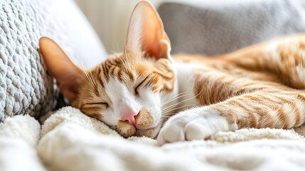 A Serene Cornish Rex Cat Sleeping Soundly on a Plush Blanket Surrounded by Soft Pillows in a Tranquil Living Space