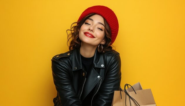 Cheerful woman in leather jacket with shopping bags and red hat - Powered by Adobe