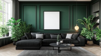 Bright, modern living room with a deep green accent wall, sleek black sectional sofa, lush greenery, and a round coffee table.
