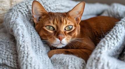 A Cozy Havana Brown Cat Snuggling with a Soft Blanket in a Warm and Affectionate Home Setting