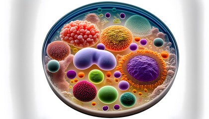 Cluster of bacteria cells with varied shapes and colors, viewed microscopically, on white background
