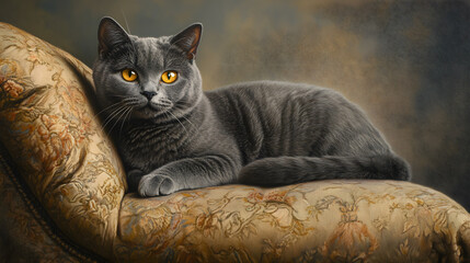 An Elegant Chartreux Cat Posed Gracefully on a Plush Cushion with Striking Blue-Gray Fur