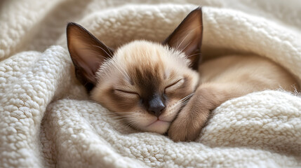 The Cozy Sanctuary: An Adorable Khao Manee Kitten Nestled in Soft Blankets of Warmth and Comfort