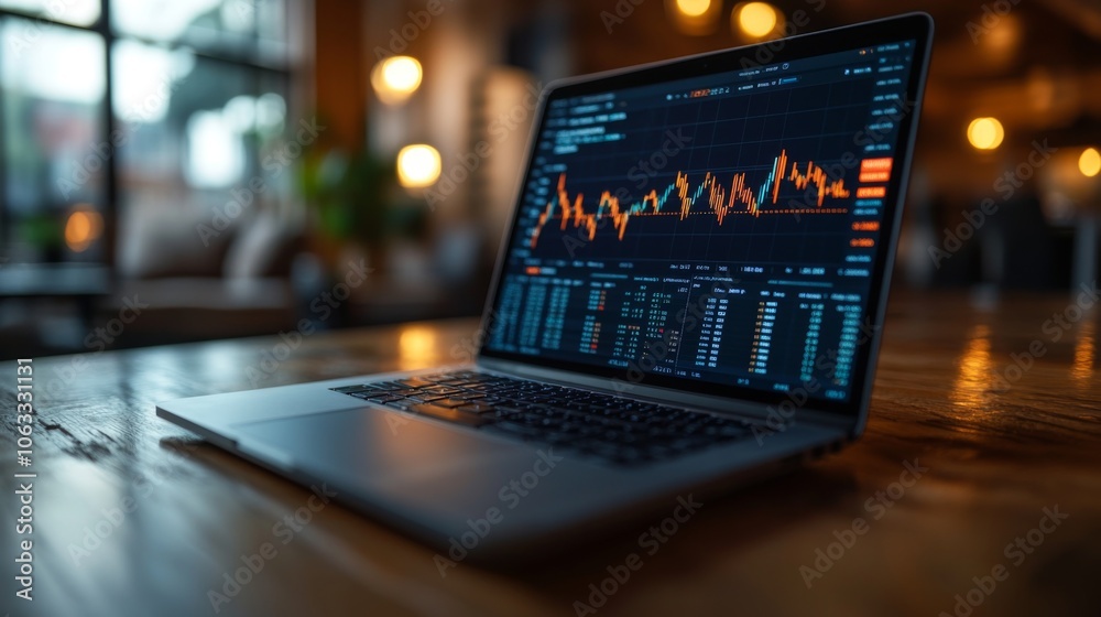 Poster the screen showcases vibrant stock market trends with graphs and numbers, while the warm ambiance of