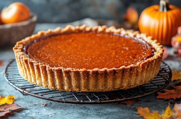 Delicious homemade pumpkin pie on a wire rack with autumn decor