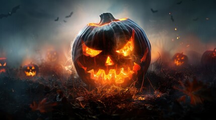 A glowing, menacing jack-o'-lantern surrounded by misty darkness and other carved pumpkins, evoking a spooky Halloween atmosphere.