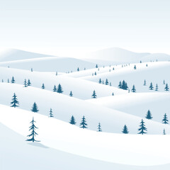 Minimalistic winter landscape illustration with snow-covered hills and scattered pine trees under a soft, pale sky. Tranquil and serene scene, perfect for holiday themes and seasonal designs