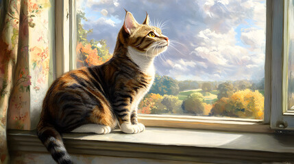 Admire the Fascination of a Playful American Wirehair Cat Observing the World from a Windowsill