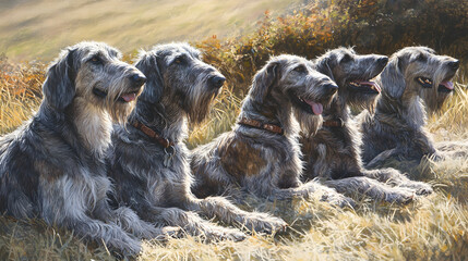 Group of Irish Wolfhounds Resting Together in a Sunny Field Portraying Companionship and Affection