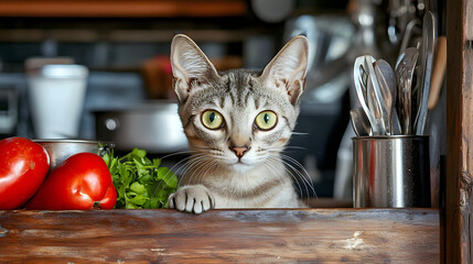 An Inquisitive Burmilla Cat Exploring a Rustic Kitchen Filled with Interesting Utensils and Culinary Delights