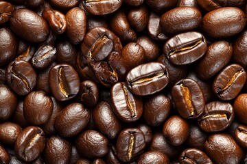 Fototapeta premium Hyper-realistic close-up of roasted coffee beans, capturing every detail of the glossy, textured surface and rich, dark color