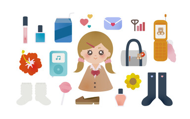 平成ギャル学生イラストセット | Heisei School Girl Icon Set（Lip Gloss, Hibiscus, Retro Cell Phone, School Bag）