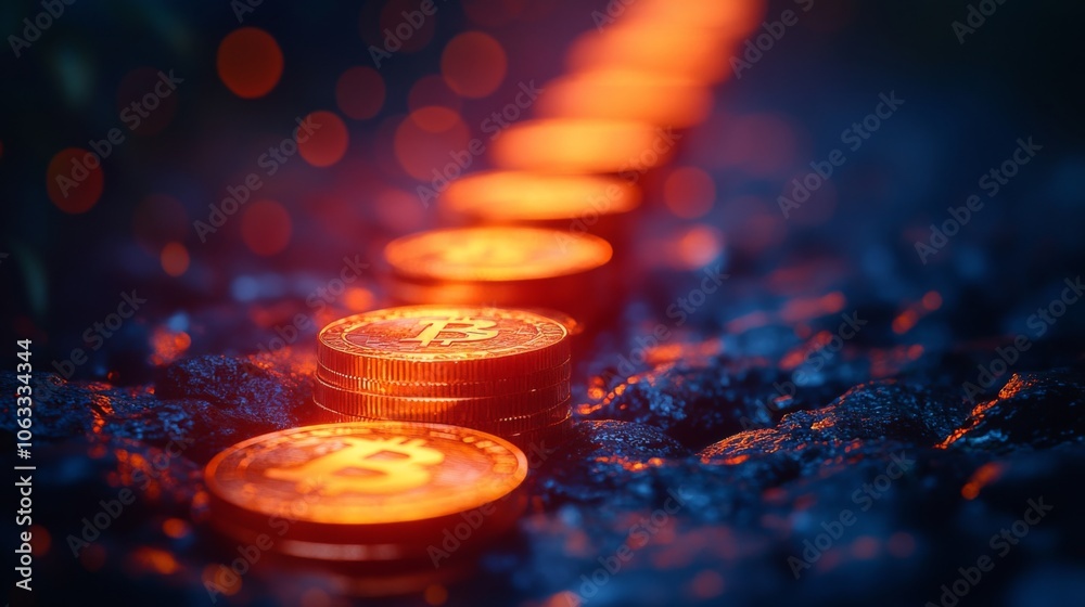 Aufkleber A line of bright bitcoin coins glows against a dark, rocky background, creating a striking visual of digital currency and its enticing allure in the night.