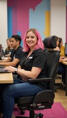 Obraz premium Gay employee with pink hair and in a wheelchair sits comfortably within an inclusive and diverse workspace during pride month