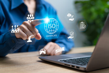 ISO, International Organization Standardization, Global International Standards, Businesswomen touch ISO Certified Quality icon, Industry work, Environment, Human resources, Organize control, QA QC