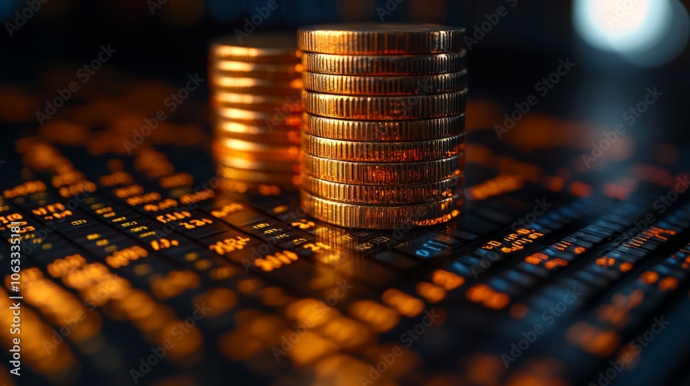 Leinwandbilder a close-up view of multiple stacks of coins against a dark surface illuminated by vibrant, glowing f