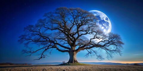 A solitary tree stands tall against a backdrop of a crescent moon and a star-studded sky, casting long shadows on the crisp, dew-laden grass.