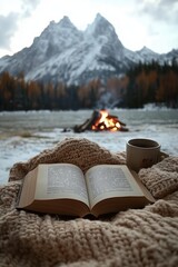 A cozy setup with a book and cup by a fire, with a snowy mountain landscape in the background.