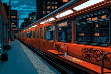Obraz premium Old-fashioned illustration of a subway car with graffiti, evoking the gritty and artistic vibe of the 1980s city scene